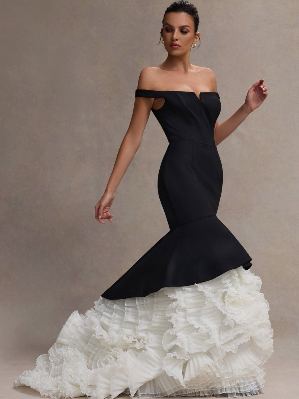 Club L London Black One-Shoulder Mermaid Gown with White Ruffle Train